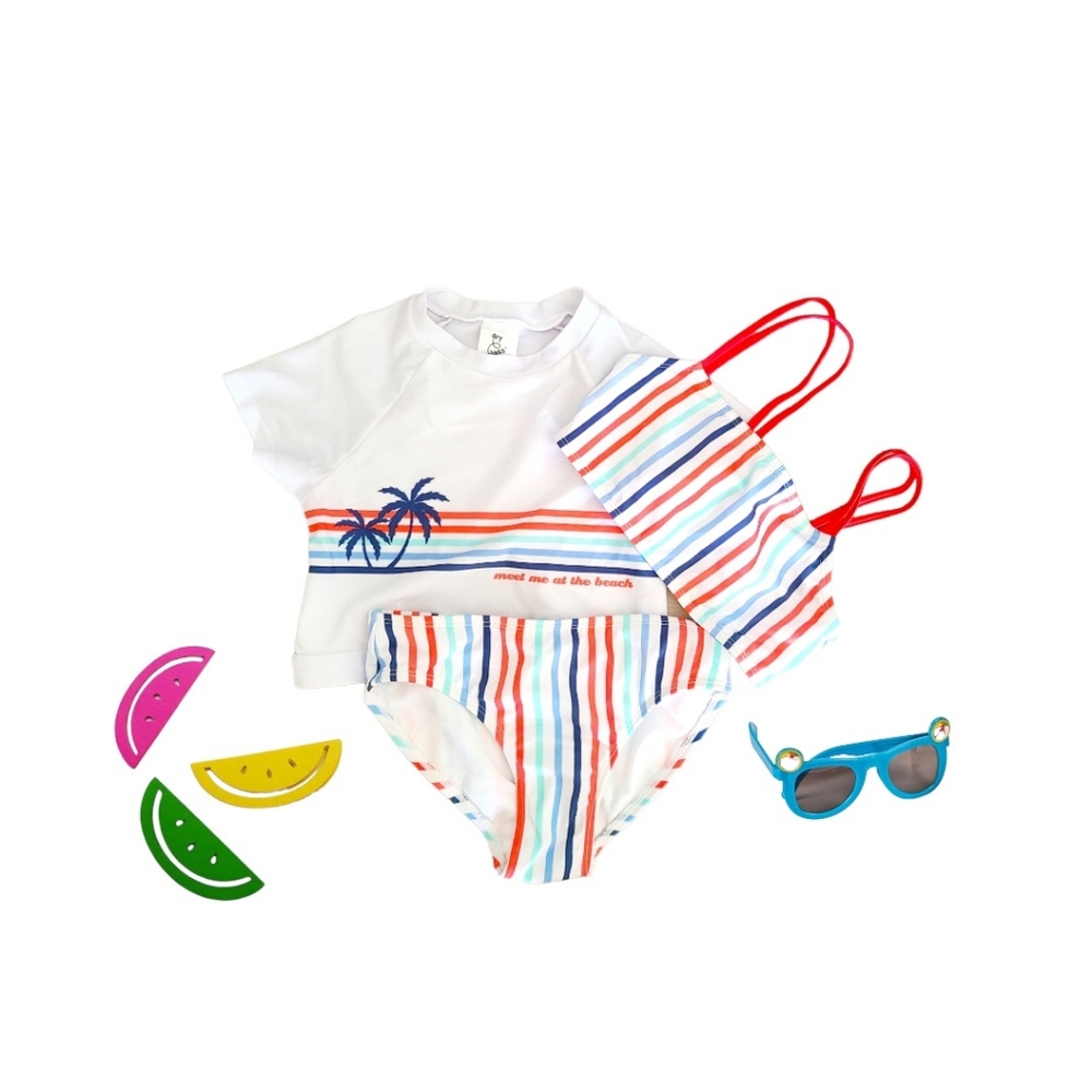 Girl's 3-Pieces Bikini and Short sleeve Rash guard Set